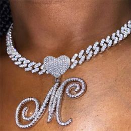 Pendant Necklaces New a z Cursive Letter Heart Iced Out Cuban Necklace for Women Initial Zircon Link Chain Choker Hip Hop Jewelry 230613