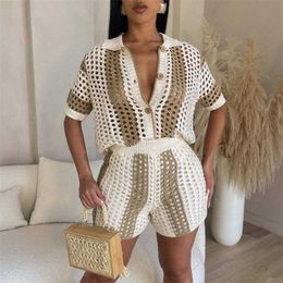 Women Tracksuits Two Pieces Set Designer 2023 New Sexy Hollowed Out Perspective Lapel Knitted Shorts Set 3 Colours