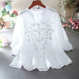 Women's Blouses 2023 Summer Fashion Art Retro Standing Collar Heavy Industry Embroidery Commuter Simple Casual Loose Single Breasted Shirt