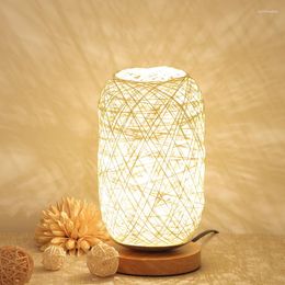 Table Lamps Bedside Wood Rattan Twine Ball Desk Lamp Living Room Nightstand Night Light 3W USB Home Deco Lamparas Luminaria