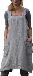 Kitchen Apron Linen Apron Cross Back Apron for Women with Pockets Dress for Baking Cooking Grey Household Clothing Loose Fitting Long Dress R230710