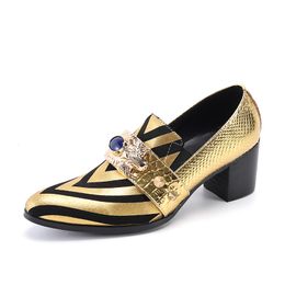 Zapatos Plus Size Gold Rivets Stripe High Heel Men Monk Strap Formal Shoes Slip on Loafers Club Party Real Leather Dress Shoes