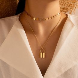 Pendant Necklaces HuaTang Punk Gold Colour Lock Necklace For Women Double Layer Sequins Clavicle Chain Choker Female Party Jewellery Gift