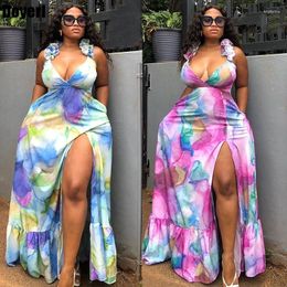 Casual Dresses Sexy Tie Dye Printing A-line Maxi Dress For Women Summer Sleeveless V-neck High Split Party Club Long Vestido Feminino