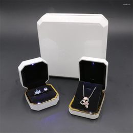Jewelry Pouches Octagon Box With LED Light Lamp For Ring Pendant Necklace Bangle Bracelet Display Case Holder Wedding Birthday Gift