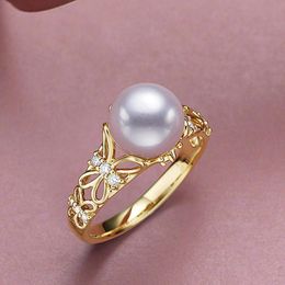 Hollow Out Butterfly Pattern Imitation Pearl Ring for Women Vintage Gold Color Adjustable Finger Accessories Trend Jewelry KCR24