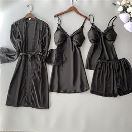 Women's Sleepwear Sexy Lingerie With Bow Lace Home Clothes Kimono Gown Pjs Sets Women Outfits 4Pcs Pyjamas Suit Satin Nightwear Pyjamas