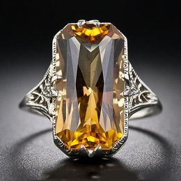 Vintage Luxury Women's Temperament Jewellery Topaz Hollow Out Carved Ring Gifts Women's Personality Rectangle Crystal Ring Jewellery