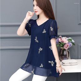 Women's Blouses Short Sleeve Chiffon Blouse Women 2023 Summer Womens Tops And Plus Size Blusas Korean Fashion Shirts Blue Black 6XL