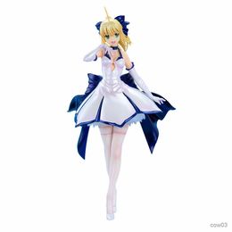 Action Toy Figures 27CM Anime Figure Sabre Fate Stay Night Blue And White Combat Skirt Standding Model Dolls Toy Gift Collect Boxed Material R230710