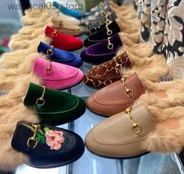 2022 Women Princetown Loafers Autumn Winter Warm Wool Slippers Classic Metal Buckle Embroidery Sandals Men Leather Half Slipper Pattern Slides size35-46 T230710
