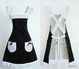 Kitchen Apron Princess Frill Lace Black White Dot Kitchen Cooking Aprons for Women with Pockets Cross Back Drop R230710