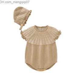 Rompers Baby Skin-tight garment autumn casual sleeveless baby girl knitting Onesie hat set spring children's clothing 2 pieces 0-18m Z230711