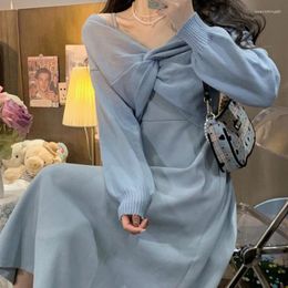 Casual Dresses Winter Dress Corduroy V-neck Suspender Loose Women's Sweater Two Piece Set Autumn Blue Long Korean Elegant Office