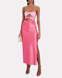 Basic Casual Dresses Pink Women Strapless Tube Top Dress Colour Patchwork Twisted Hollow Out Sleeveless Tube Dress High Split Hem Bodycon Streetwear 230710