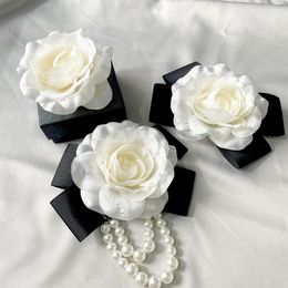 Bow Ties Small Fragrant Silk Thick Camellia Corsage Collar Pin Pearl Pendant Fringed Brooch French Tie Clothing Accessories