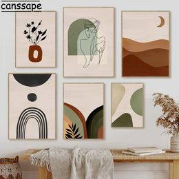 Paintings Abstract Lines Wall Posters Plant Leaves Print Pictures Vase Art Moon Mountain Prints Nordic Poster Living Room Decor 230707