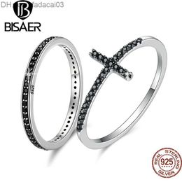 Wedding Rings BISAER 925 Sterling Silver Ring Size 69 Simple Black Zircon Finger Stackable Circular Cross Ring Suitable for Women's Party Exquisite Jewelry Z230712