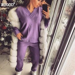 Women's Sleepwear Rugod 2023 Autumn Winter Women Cotton Tracksuits 2 Piece Set Solid V-neck Long Sleeve Knitted Top Pants Suit Leisure Wear