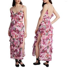 Casual Dresses Women's Summer Fitted Long Dress Sleeveless Floral Print Spaghetti Strap Tiered Ruffle Party