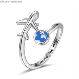 Wedding Rings 925 Sterling Silver Adjustable Open Aircraft Ring Carved "Around the World" Engagement ring Z230711