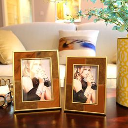 Frames Brown Leather Po Frame Manual Stitching Metal Storage Display 6 Inch 7 Golden Border Poster Wall Art