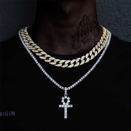 Collane con ciondolo Uomo Lega ghiacciata Ankh Croce Catena da tennis Cz Strass Chiave egiziana della vita Collana con ciondolo Donna Gioielli Hip Hop 230613