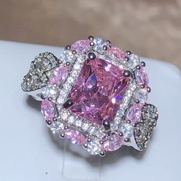 Sparkling Pink Zircon Collection Square Ring Female 925 Stamp New Fashion Jewellery Party Birthday Gift Wholesale