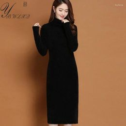 Casual Dresses Autumn Winter Imitation Mink Fleece Knitted Sweater Dress Women Elegant Solid Color Turtleneck Pullover Warm Midi