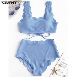 Women's Swimwear Women Scalloped Textured High Waisted Bikini Set Solid Two Pieces Beach Bathing Suits Lace Biquinis Z230711