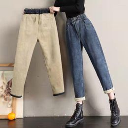 Women's Jeans 2023 Winter Thicken Warm Vintage High Waist Slim Blue Carrot Harun Pants Plush Fashion Casual Dad