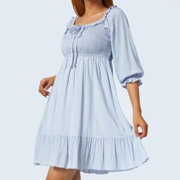 Casual Dresses Women Mini Dress 3/4 Sleeve Square Neck Pleated Lacing Daily Summer Skin Friendly Streetwear S-2XL