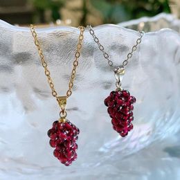 Pendant Necklaces Red Crystal Natural Garnets Stone Necklace Cute Grape Charm Stainless Steel Chain Small Lovely Fruites Pendulum