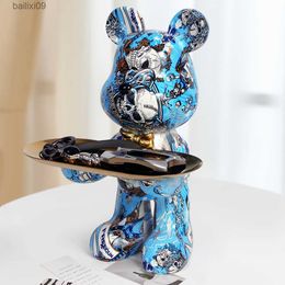 Objects Figurines Decorative Statues Home Bear Bulter with Metal Tray Holder Colourful Animal Sculpture Ornaments Interior Table Decoration Key Box T230710