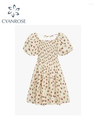 Party Dresses Women Club Flower Print A-line Dress Elegant Female Vintage Y2k Short Sleeve Mini Girls Clothes Summer 2023