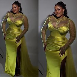 Lemon Green Plus Size African Formal Dress Sparkly Beaded Sheer Long Sleeves Prom Dresses Black Women Sexy Slit Evening Party Gowns