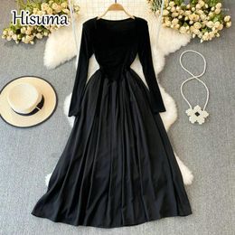 Casual Dresses 2023 Spring Summer Women Chic Square Collar Long Sleeve Knitted Stitching Chiffon Payty Dress Female Elegant A-Line