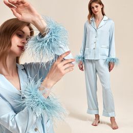 Women's Sleepwear Luxury Feather Cuff Shirt&pants For Women Long 2Pcs Pyjamas Silk Satin Loungewear Solid Colour Pour Femme Home Clothes