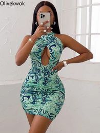 Casual Dresses Olivekwok Halter Women Dress Print Fashion Bandage Mini Midi Bodycon Sleeveless Midnight Summer Sexy Hollow Out