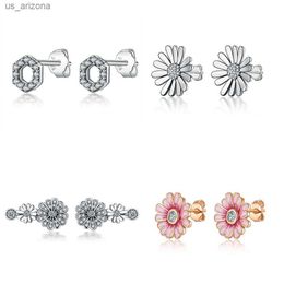925 Sterling Silver Earring Women Earring Diy Flower Pink Daisy Clear Crystal Earrings for women pandora Jewellery L230620