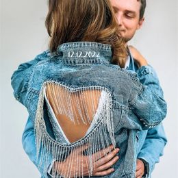 Womens Jackets Customized Bridal Jacket with Open Heart Back Jjacket Wedding Jean Denim Custom Bride Date 230707