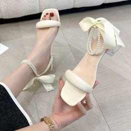 Sandals Summer New Luxury Crystal Women Buckle Roman Lady Thick High Heels Beaded Wedding Dress Party Shoes 230417