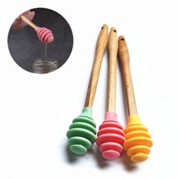 Silicone Honey Spoon Long Handle Wooden Honey Stick Dipper Jam Syrup Dispenser Kitchen Tools