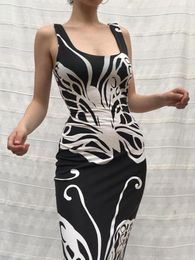 Casual Dresses Fashion Women Long Dress Adults Slim-Fit Sleeveless Contrast Colour Butterfly Print U-Neck Club Street Style Black S M L