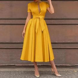 Casual Dresses 2023 Short Sleeve Holiday Sundress Women Elegant Solid Maxi Dress Summer Vintage Party Belted Vestidos Button OL Kaftan