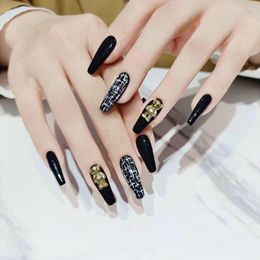 False Nails 24Pcs Black Coffin Wearable Gold Bear Designs Nail Tips Press On Full Cover Long French Fake