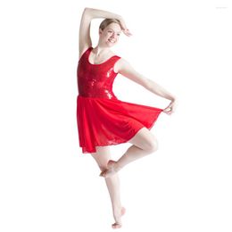 Stage Wear Red Nylon/Lycra Sequin Dance Leotard Dress Chiffon Irregular Skirts Girls Ballet Dancewear Ladies Costume