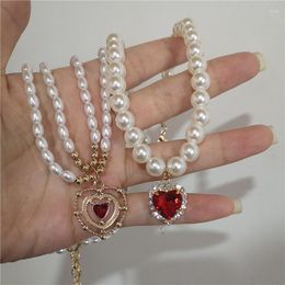 Pendant Necklaces Kpop Vintage Baroque Red Crystal Heart Pearl Chain Necklace For Women Jewellery Wedding Christmas Gift Y2K Accessories