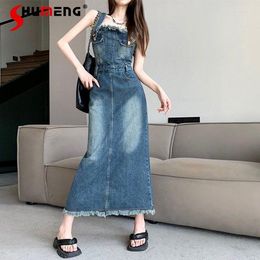 Casual Dresses Retro Blue Fringed Burr Denim Long Dress Women Spring Autumn Slim Waist Gradient Color Slim-Fit Maxi Suspender