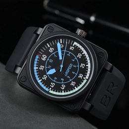 Men's Sports Machinery ROSS Watch Full Function Alloy Ultra Thin Square Dial World Time Rubber Strap BR Watch